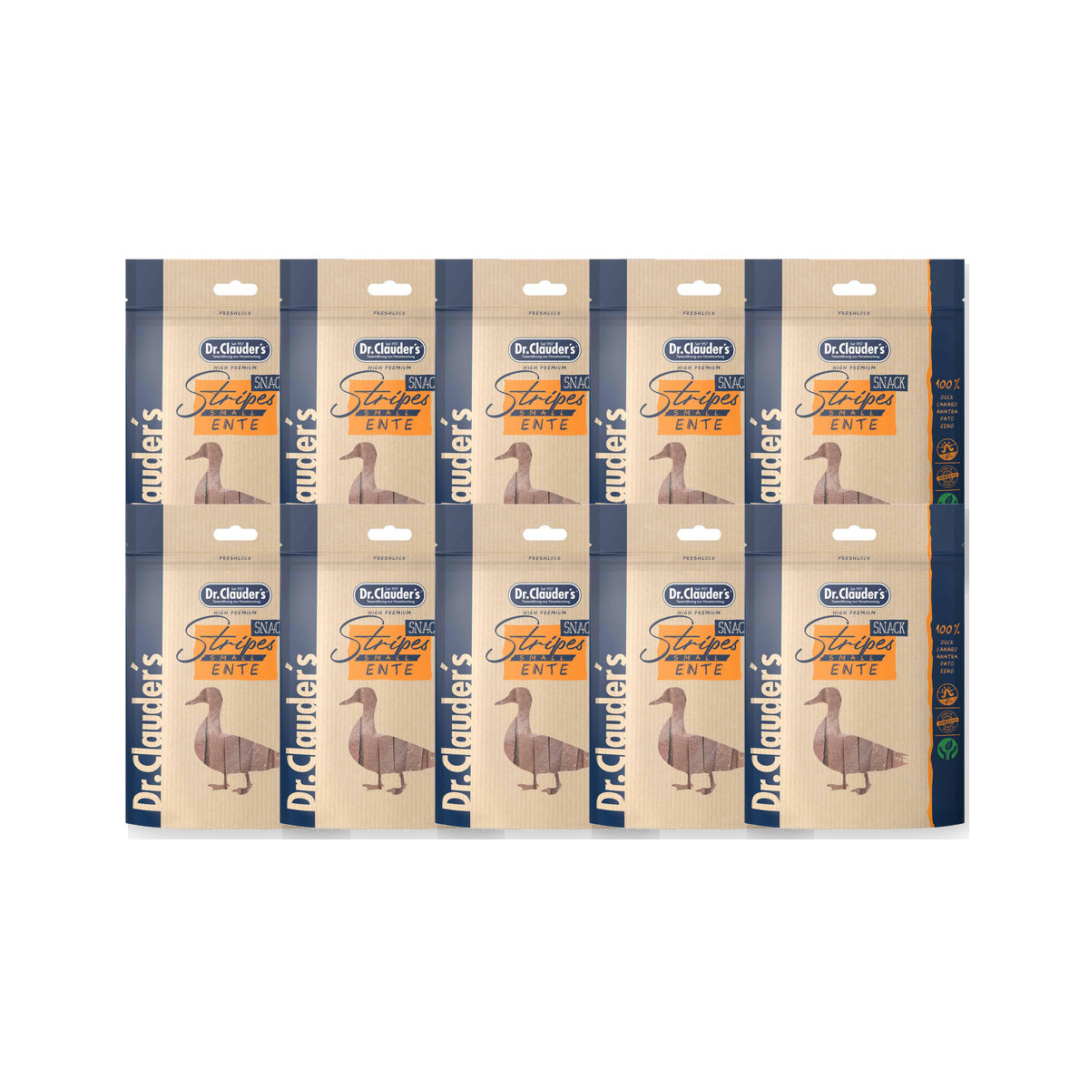 10 Pack - Dr. Clauder's Stripes kødstrimler med and 80g